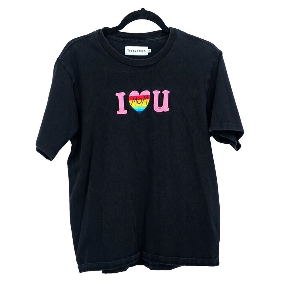Teddy Fresh Adult Graphic T-Shirt Medium M Black I Love You Mom‎ Embroidered Tee
